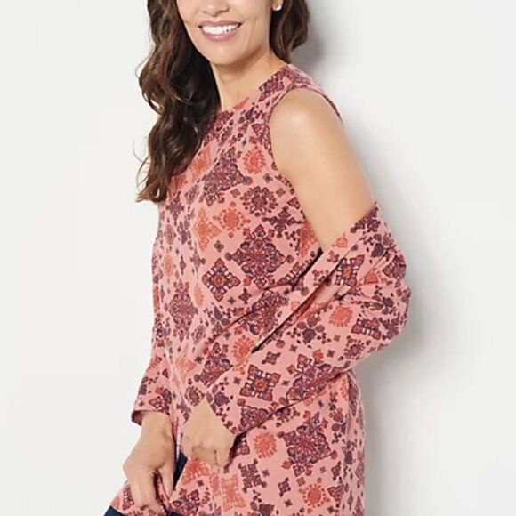 Denim & Co. Printed Heavenly Jersey Tunic Cardigan with Tank Set - Picture 2 of 6